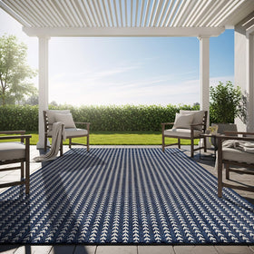 Lena Rug 8x10 navy stripe washable outdoor rug for easy cleaning and durability.