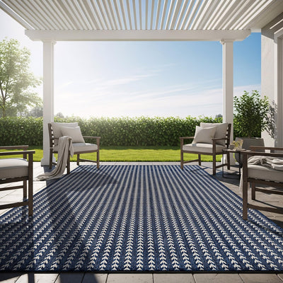 Lena Rug 8x10 navy stripe washable outdoor rug for easy cleaning and durability.