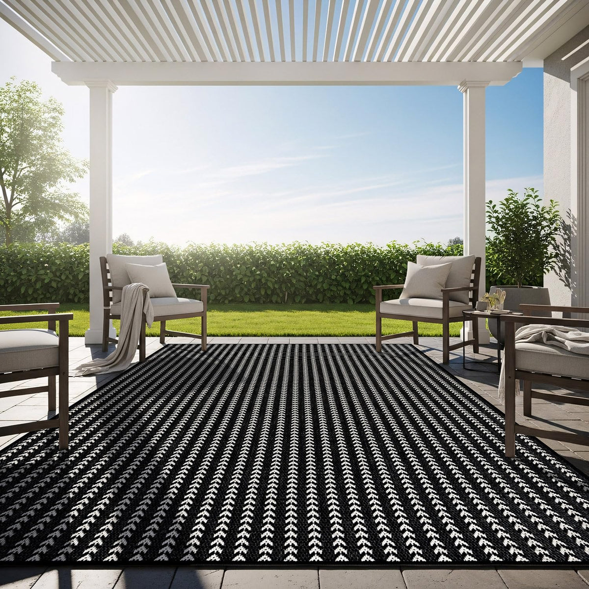 Lena Rug 8x10 striped outdoor rug on patio, easy to clean.