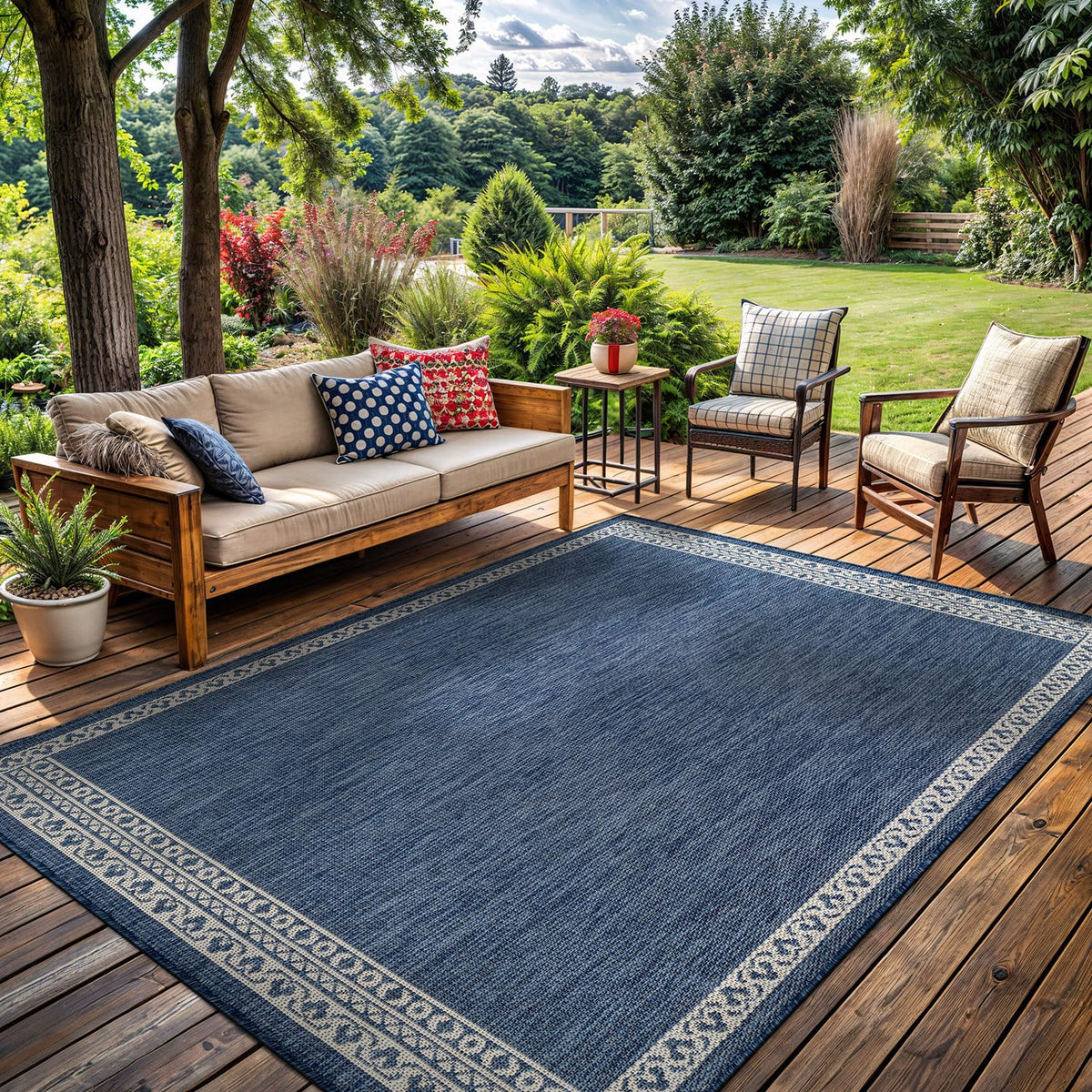 Lena Rug blue washable outdoor rug 9x12 with easy-care surface for patios.