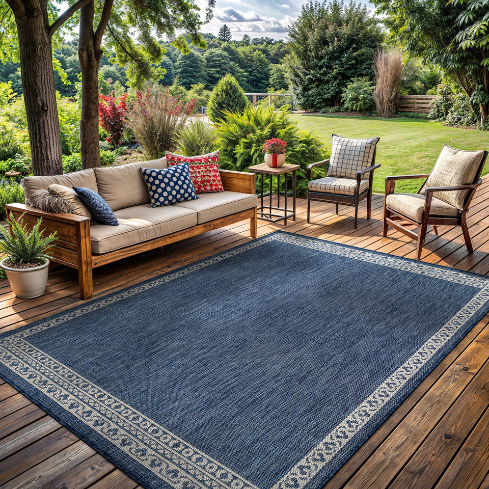 Lena Rug blue washable outdoor rug 9x12 with easy-care surface for patios.