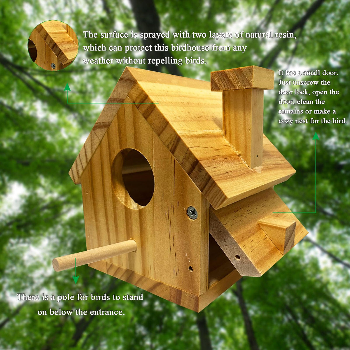 LENEDI birdhouse with weatherproof resin finish protects against rain and sun