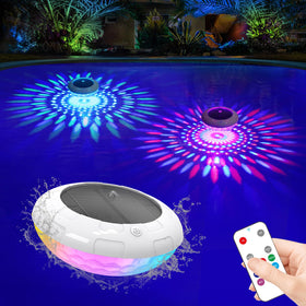 LENONE floating pool light with blue glow enhances pool ambiance at dusk
