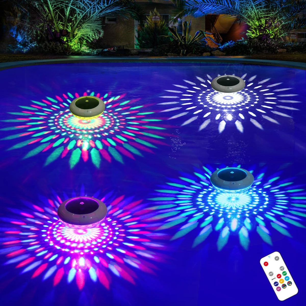 LENONE floating pool lights in RGB color change create vibrant night pool ambience
