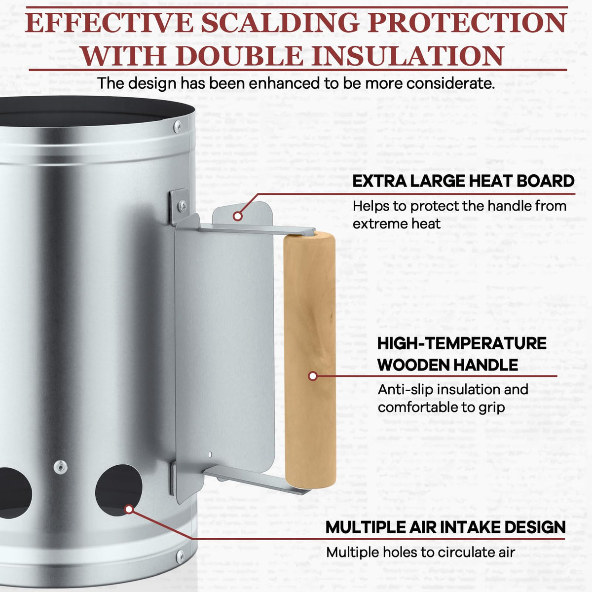 Leonyo Charcoal Chimney Starter with wooden handle and heat shield for safer handling.