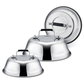 Leonyo cheese melting dome 9in on a grill for even cheese melt.