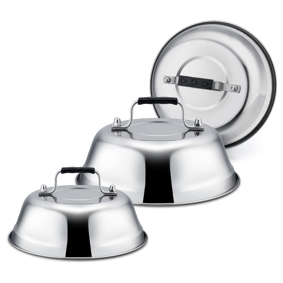 Leonyo cheese melting dome 9in on a grill for even cheese melt.