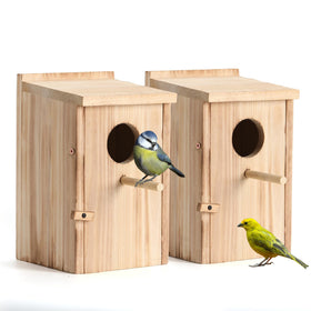 LEOSYY 2-pack bird houses outside front view shows durable cedar for year-round visitors