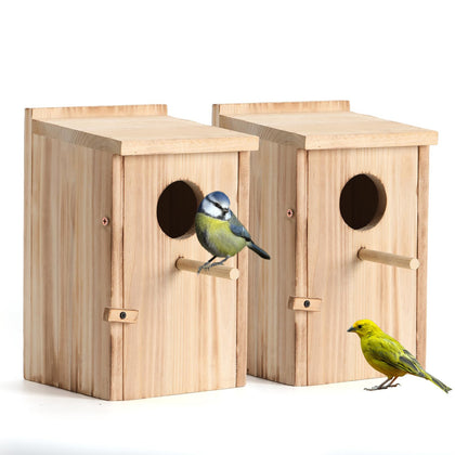 LEOSYY 2-pack bird houses outside front view shows durable cedar for year-round visitors