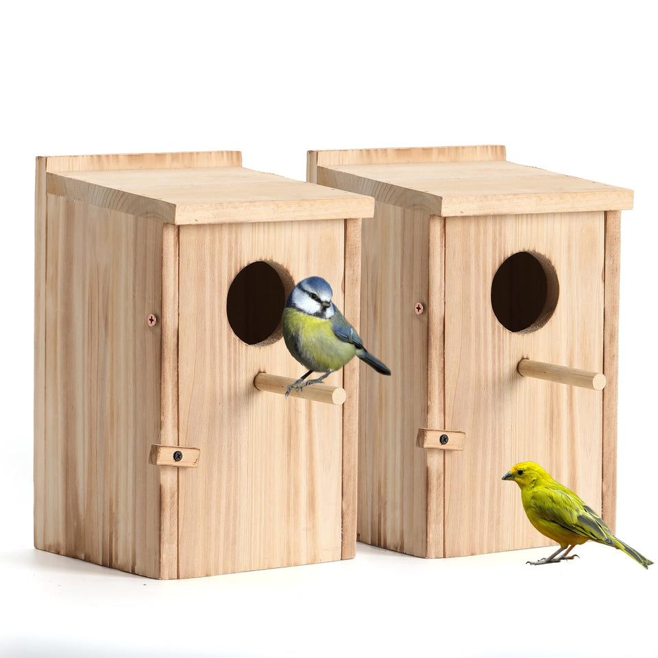 LEOSYY 2-pack bird houses outside front view shows durable cedar for year-round visitors