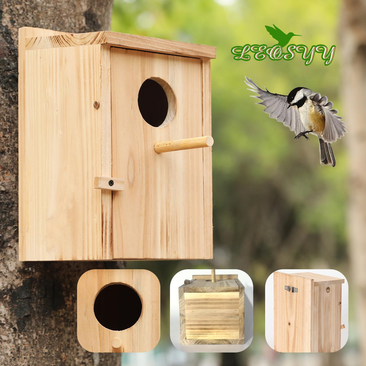 LEOSYY easy-installation image with pre-drilled hole enables simple tree or fence mounting