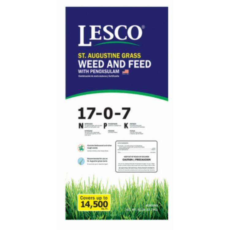Lesco 50 lb St. Augustine weed and feed bag for lawn weed control and slow-release feeding