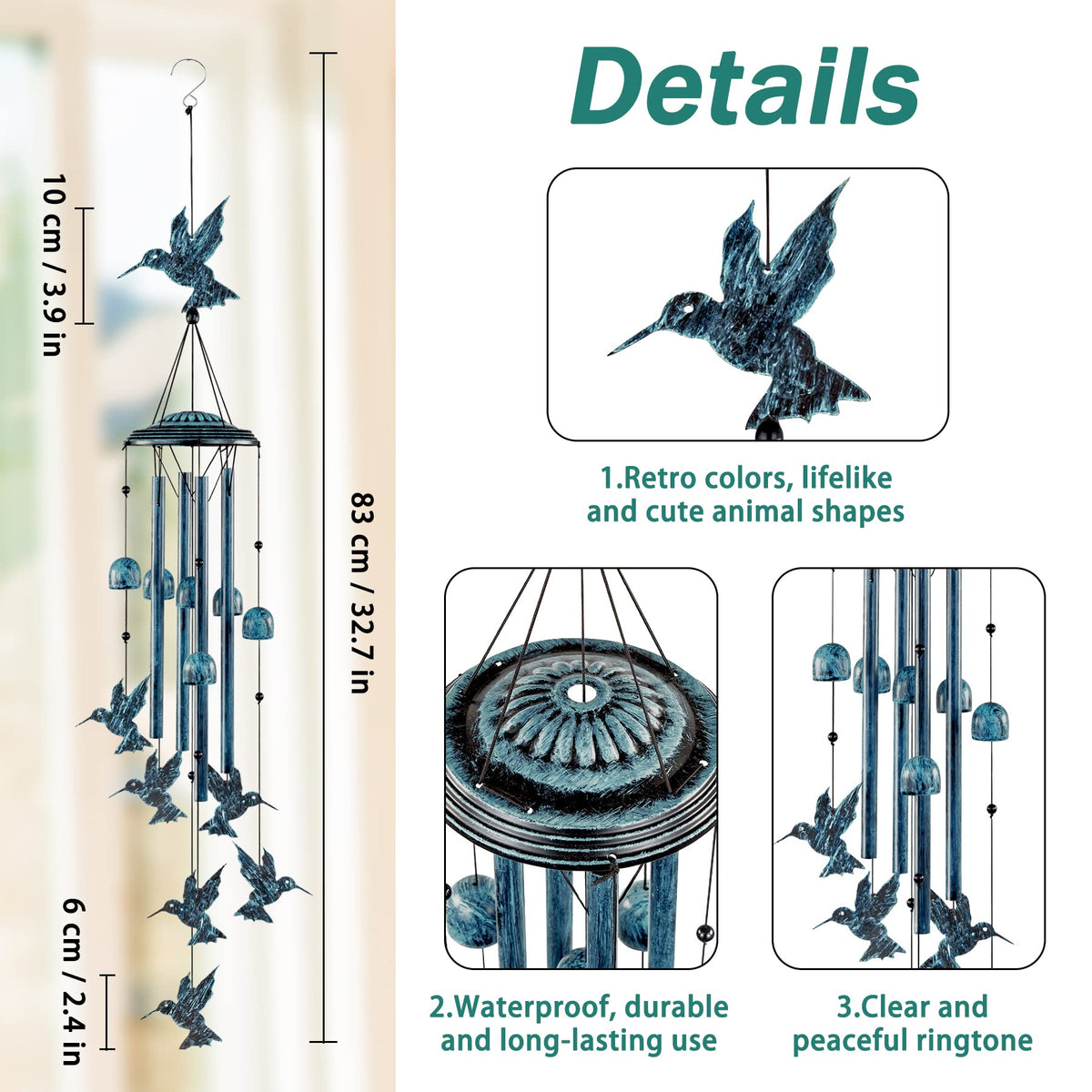 LESES vintage copper green finish on hummingbird wind chimes complements garden decor