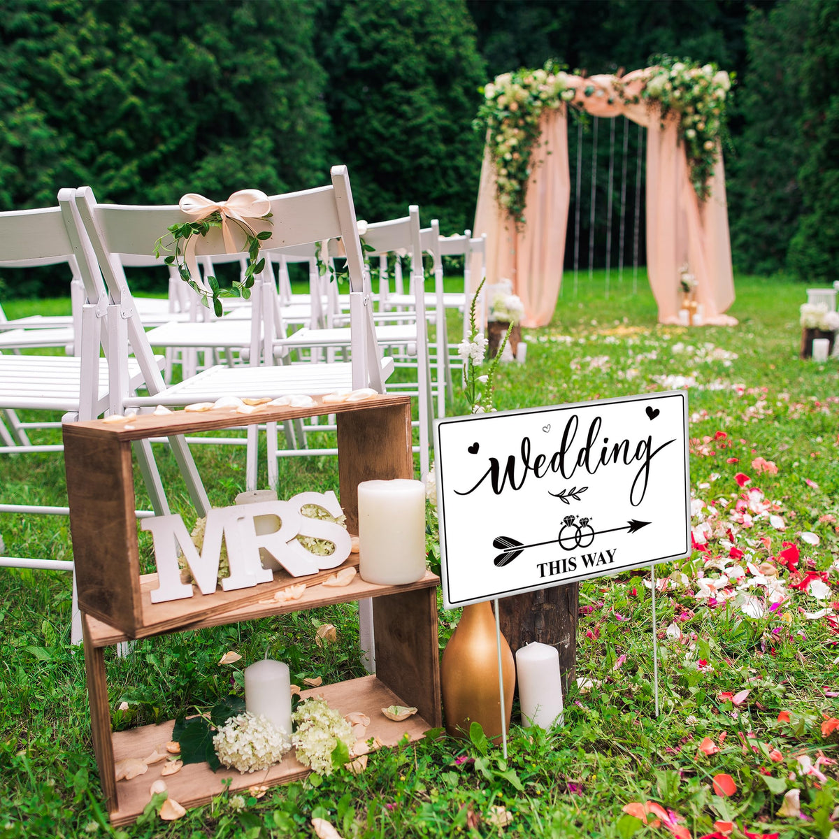 Lesnala double-sided wedding sign features elegant rings and leaves.
