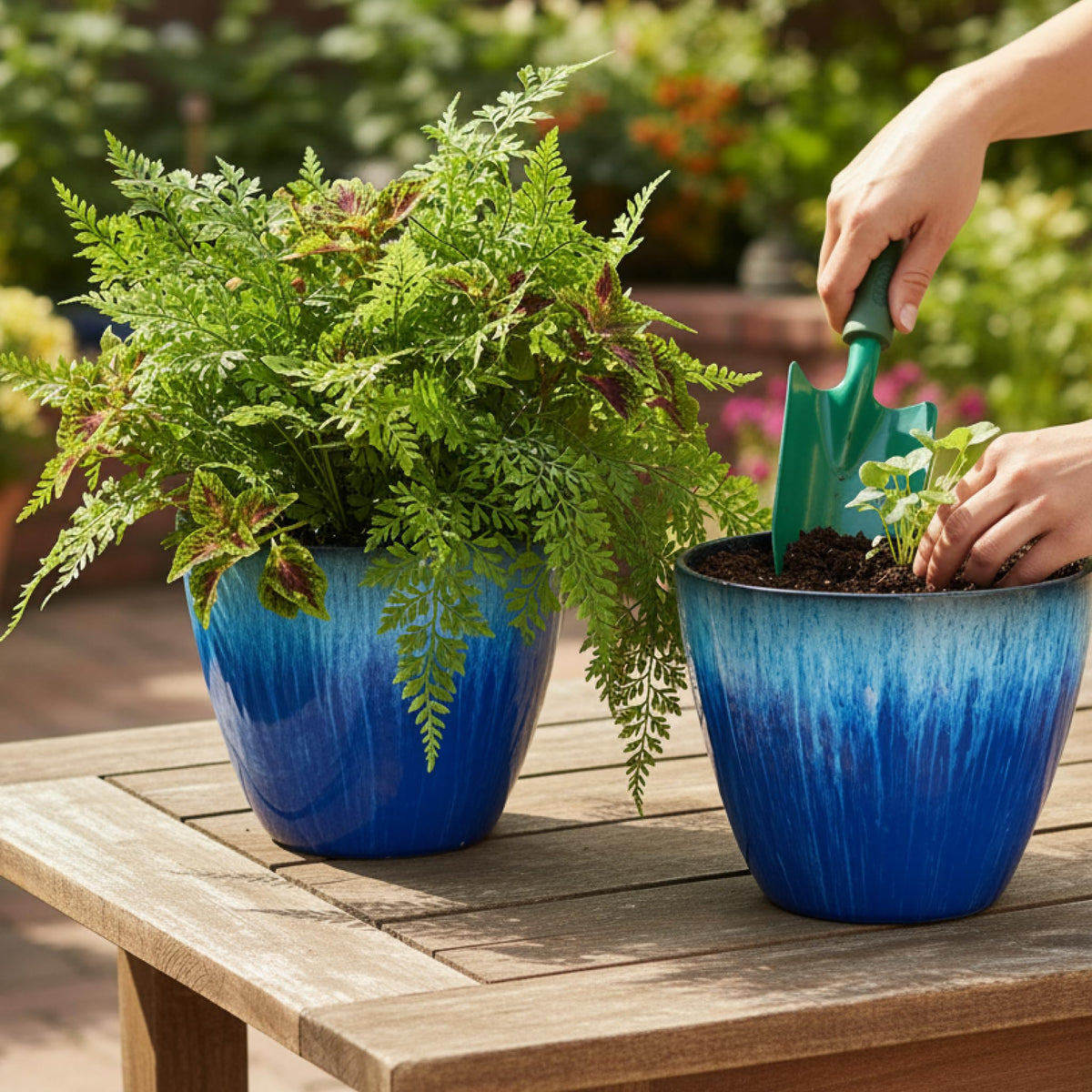 LESOASIS blue glaze planter suitable for shelves, patios, and windowsills.