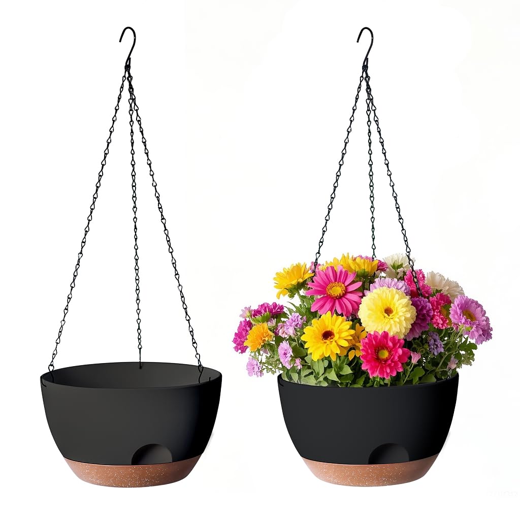 LESOASIS two-pack 12-inch hanging planters in black for indoor and outdoor use.