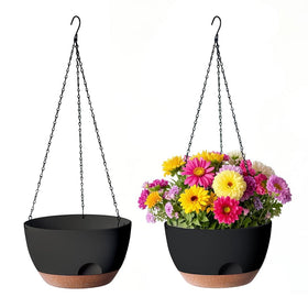 LESOASIS two-pack 12-inch hanging planters in black for indoor and outdoor use.