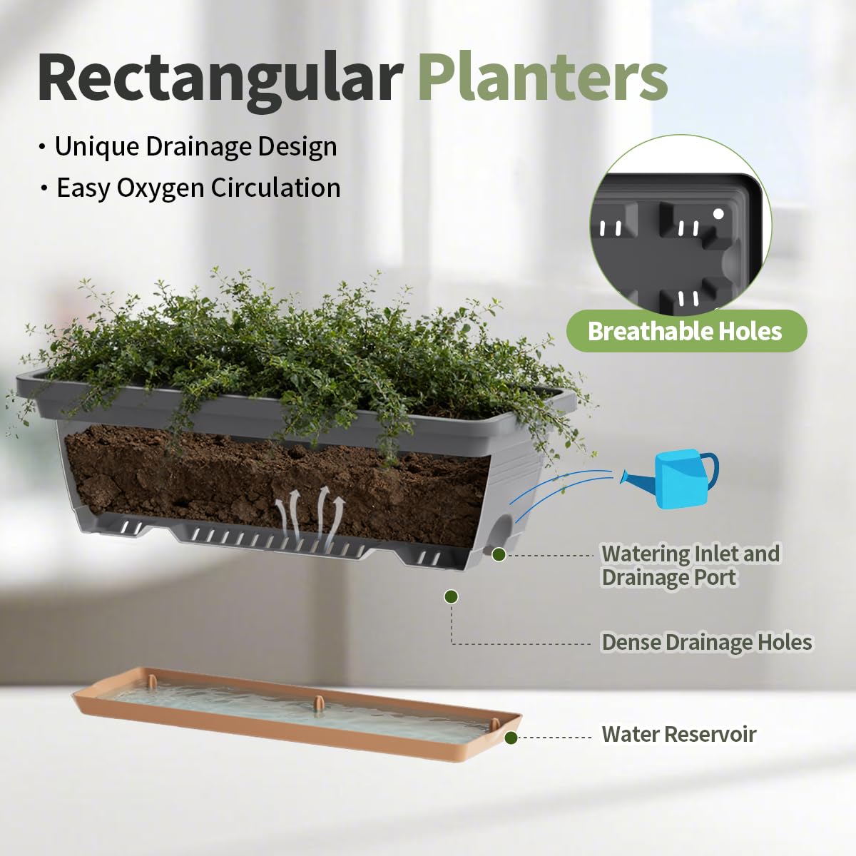 LESOASIS window box planter grey bottom drainage, prevents waterlogging.