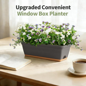LESOASIS window box planter grey with saucer, keeps surfaces clean.