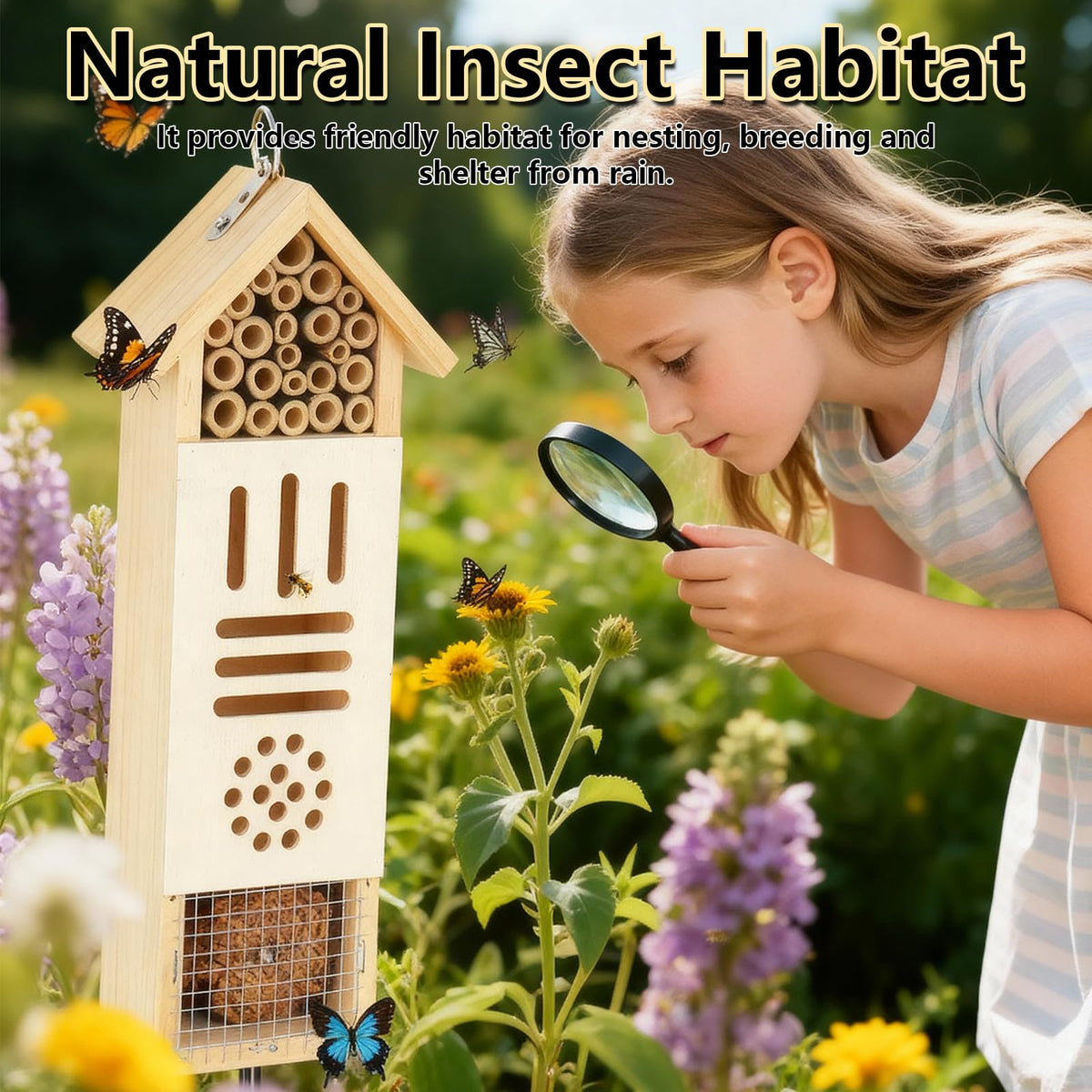 Lettry insect house closeup pine wood texture evokes a natural, rustic garden accent.