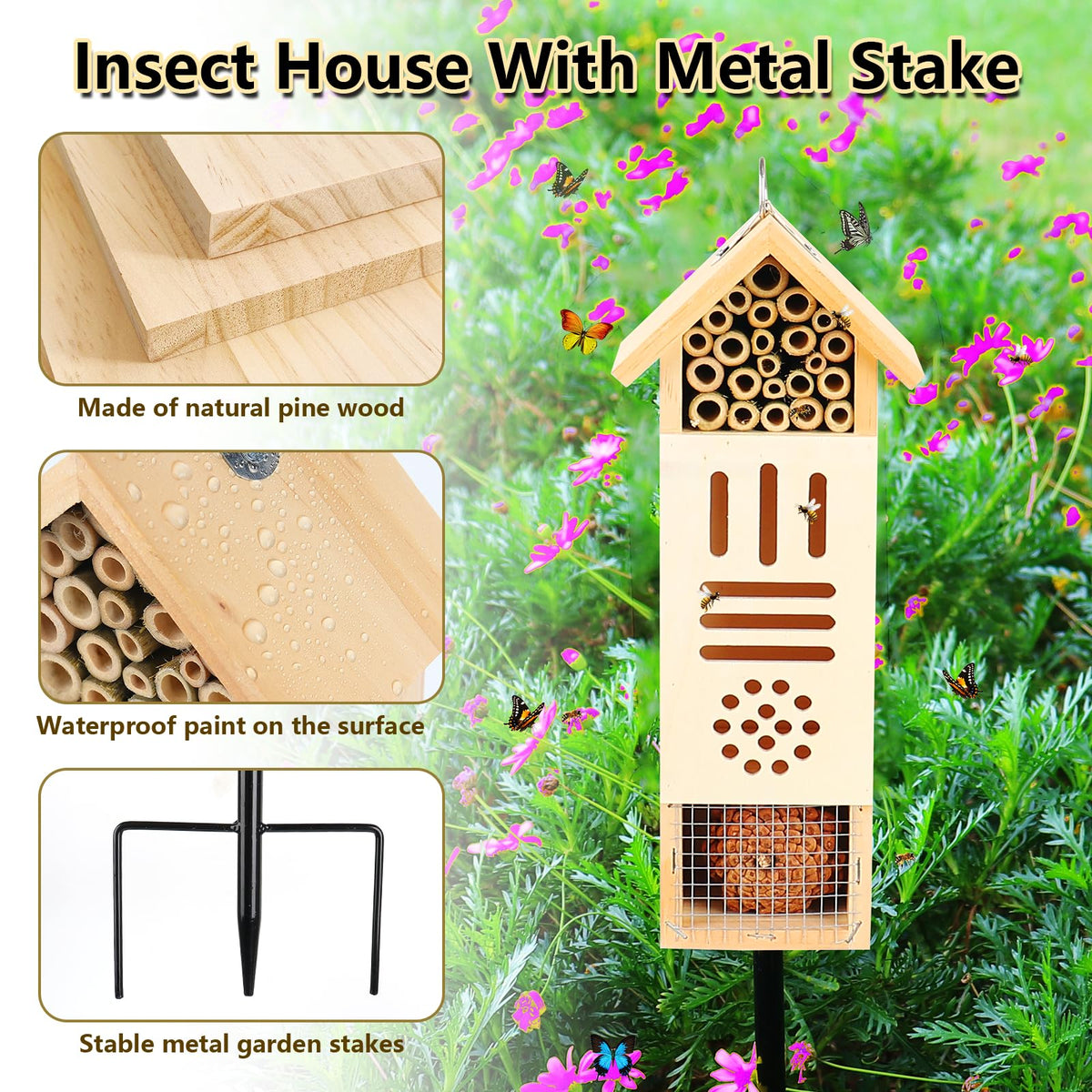 Lettry insect house interior shows bamboo and pine cone fillers supporting nesting and shelter.