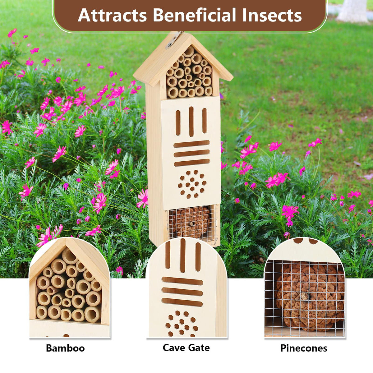 Lettry wooden insect house with natural materials highlights durable, eco-friendly shelter for pollinators.
