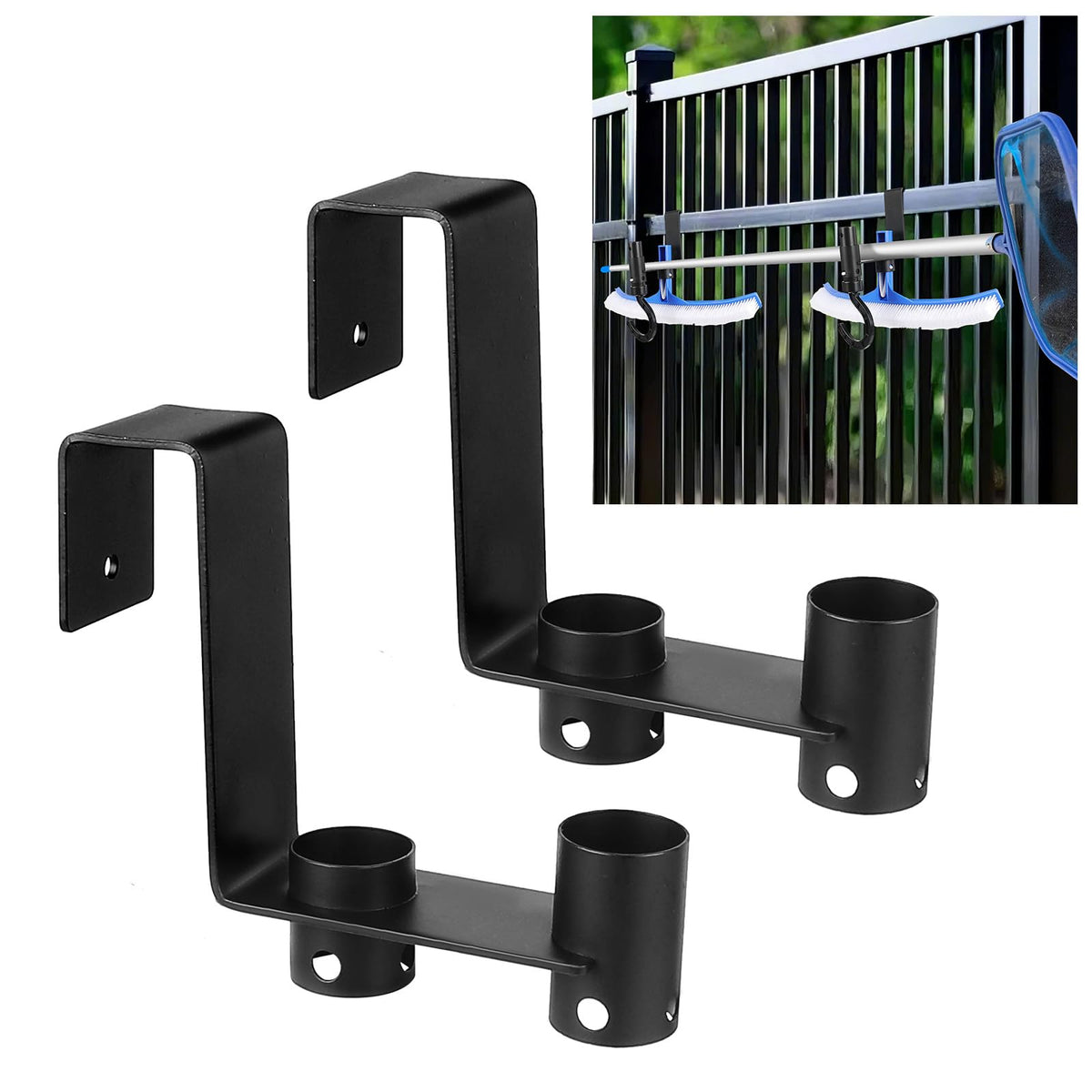 Lettry pool fence hooks on railing keep tools within easy reach