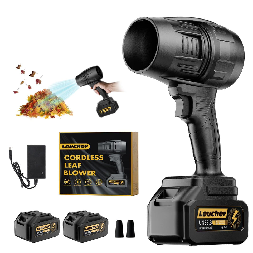Leucher leaf blower with twin batteries powering quick yard cleanup.