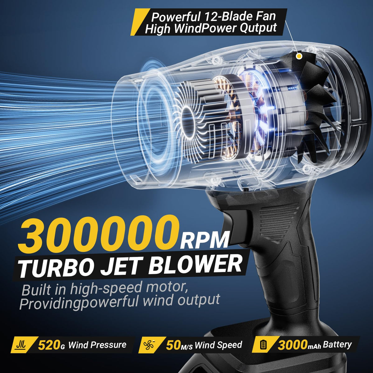 Leucher cordless blower turbo jet delivers high-speed breeze for leaf removal.