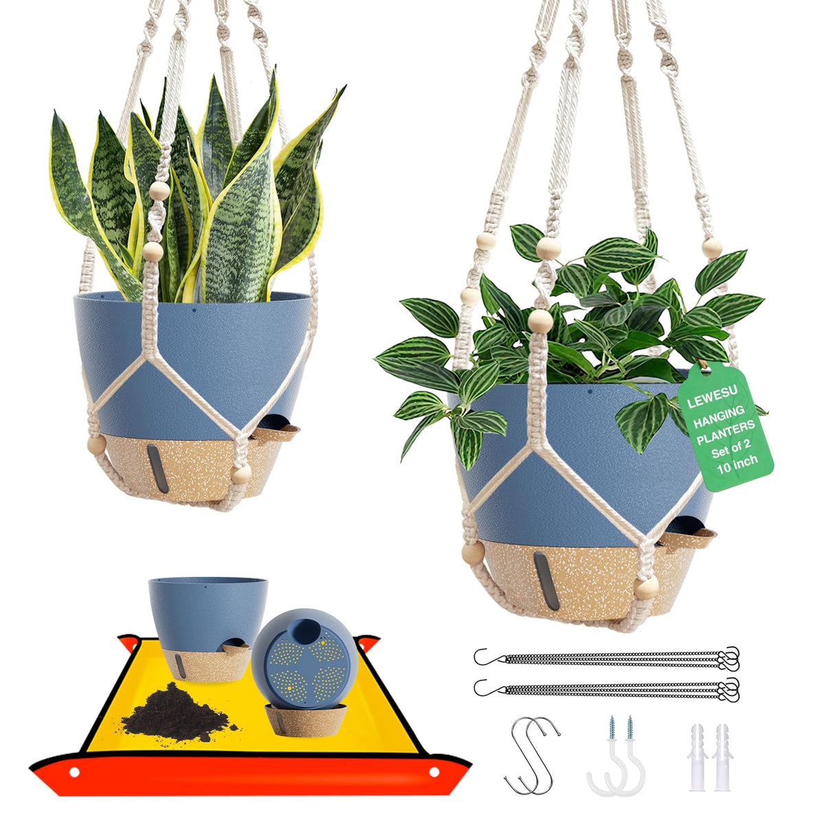 LEWESU 10-inch hanging pot in Aegean blue with self-watering feature for indoor plants