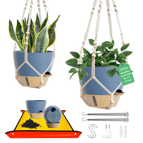 LEWESU 10-inch hanging pot in Aegean blue with self-watering feature for indoor plants