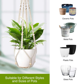 LEWESU macrame hanger demonstrates adjustable fit for different pot shapes.