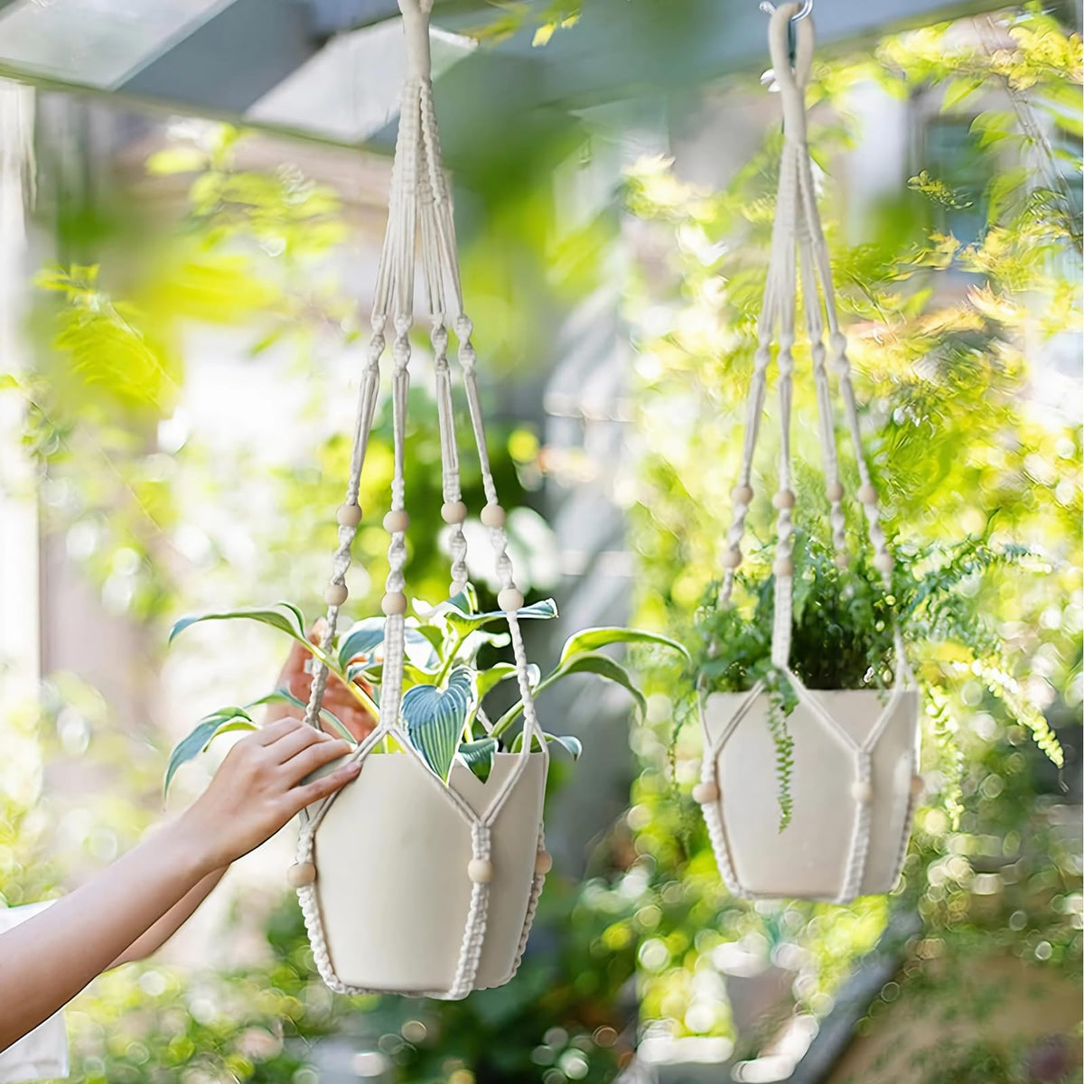 LEWESU macrame hanger shown indoors and outdoors for flexible greenery displays.
