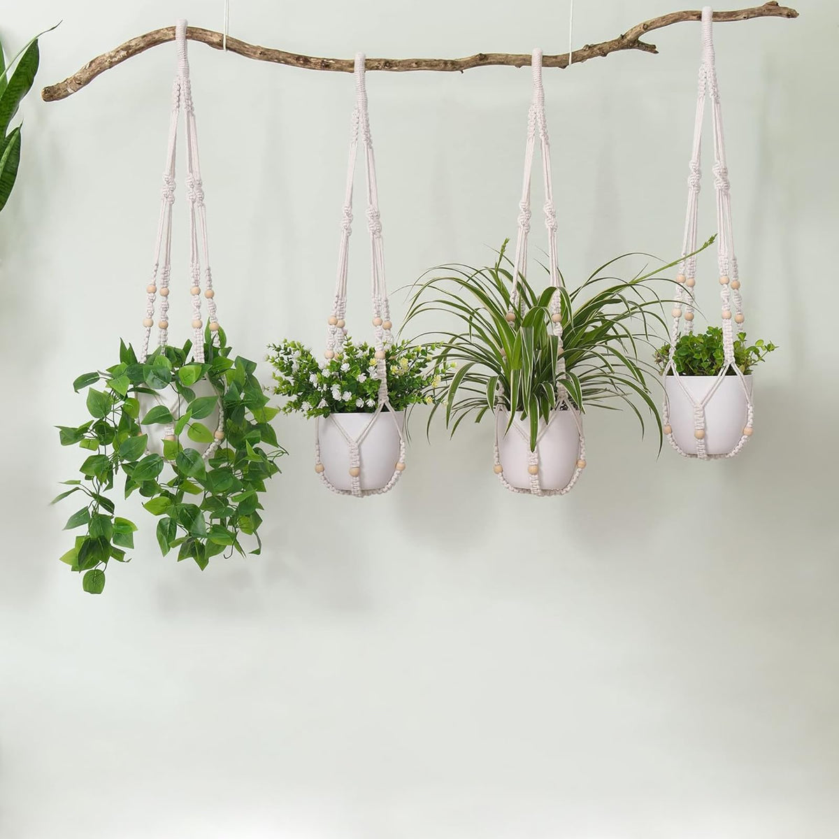 LEWESU macrame in living room corner provides stylish plant display ideas.