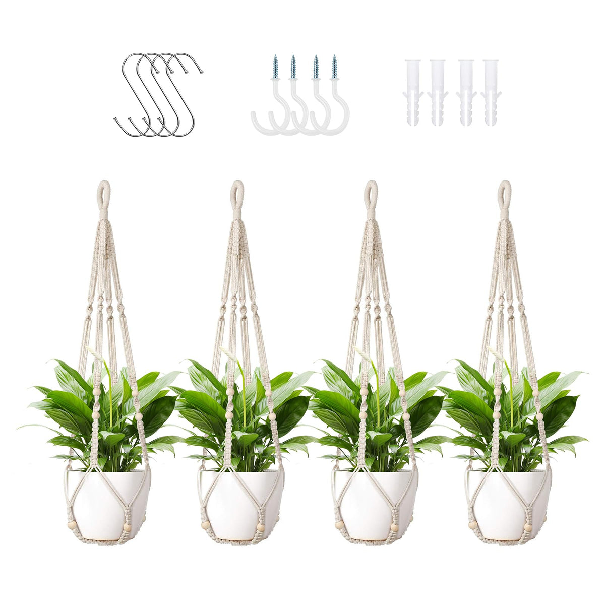 LEWESU macrame plant hanger four-pack in ivory with 35-inch length, ideal for versatile plant displays.