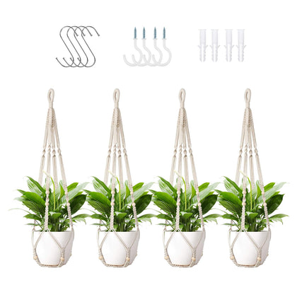LEWESU macrame plant hanger four-pack in ivory with 35-inch length, ideal for versatile plant displays.