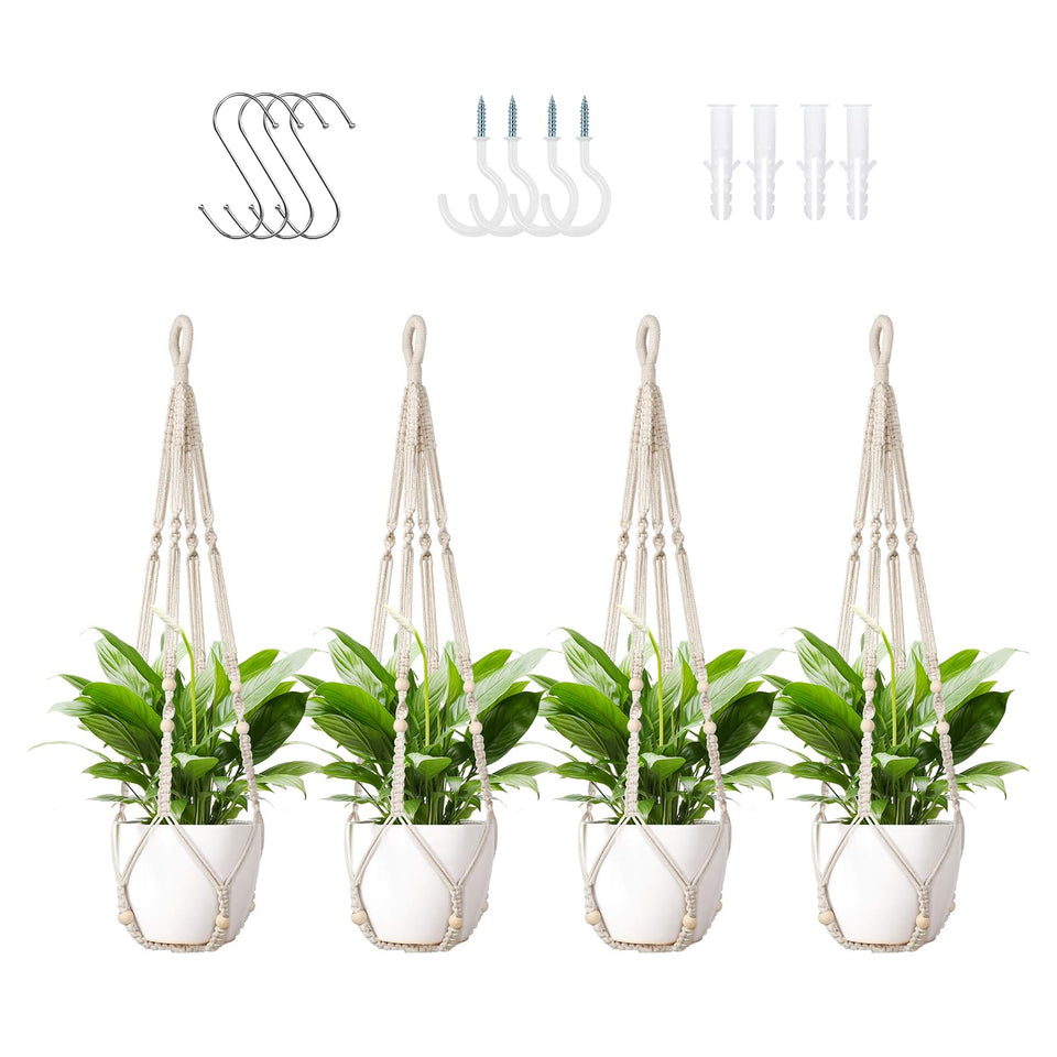 LEWESU macrame plant hanger four-pack in ivory with 35-inch length, ideal for versatile plant displays.