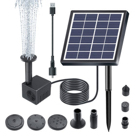 Lewisia solar panel on stake powers outdoor water feature.