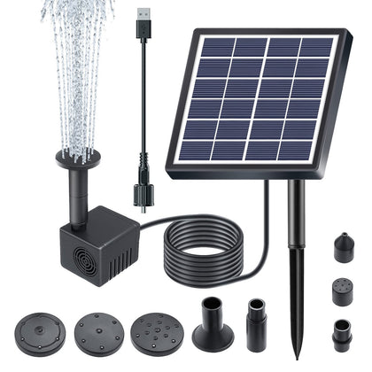 Lewisia solar panel on stake powers outdoor water feature.