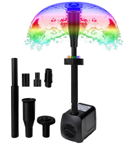 Lewisia water fountain pump with LED mushroom head enhances night pond ambiance