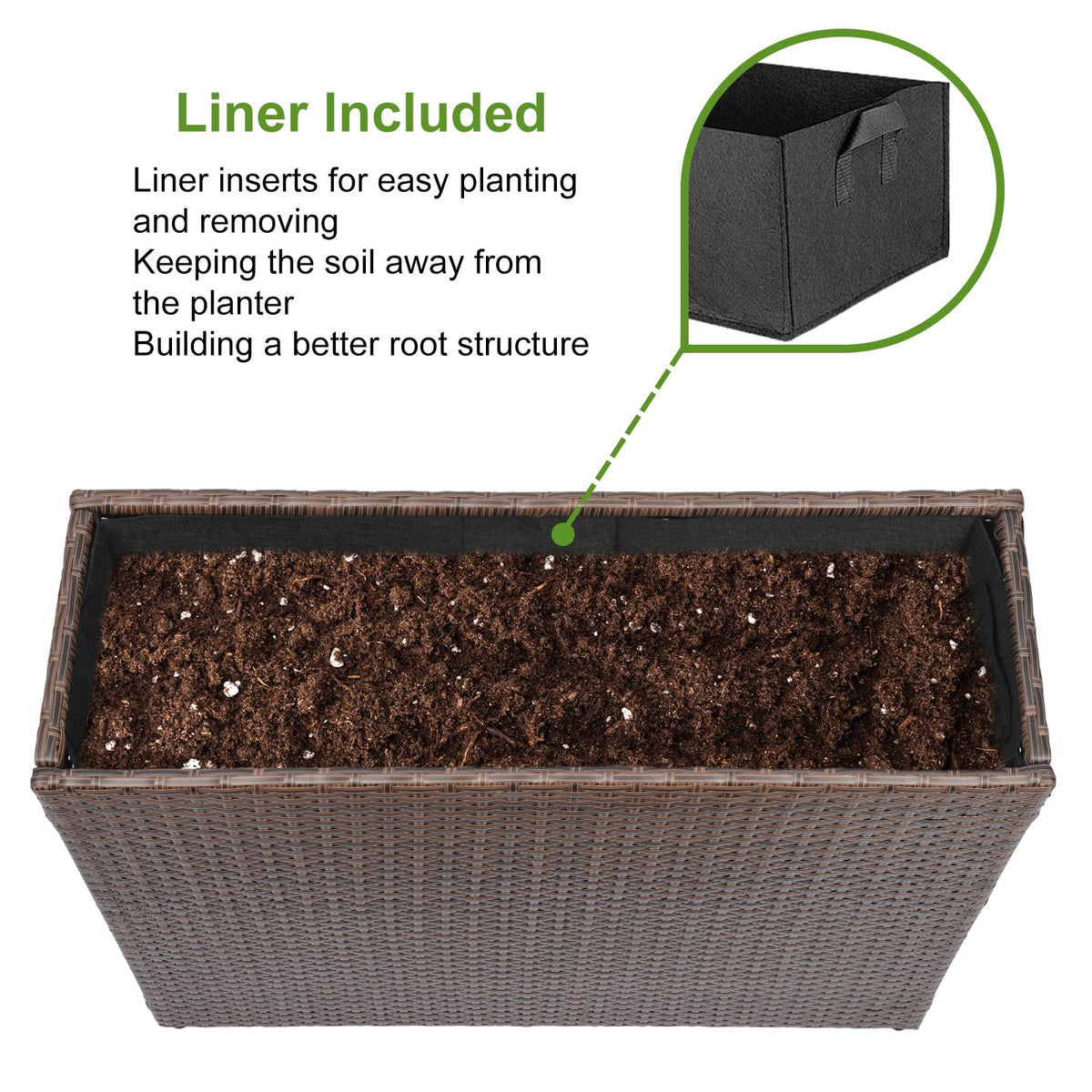 Interior view of LEWIS&WAYNE tall planter with removable liner for soil protection