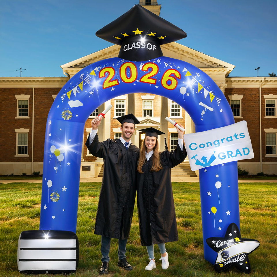 Lewondr graduation arch 10ft blue cap motif serves as a striking ceremony entrance backdrop.