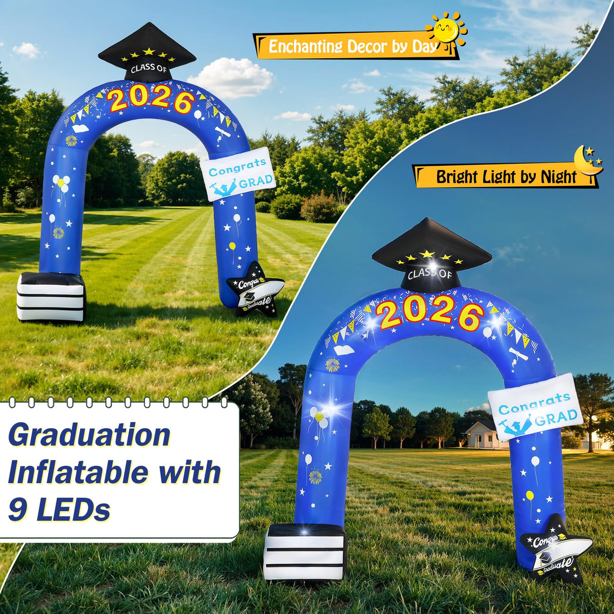 Lewondr LED-lit arch highlights details for evening graduation photos.
