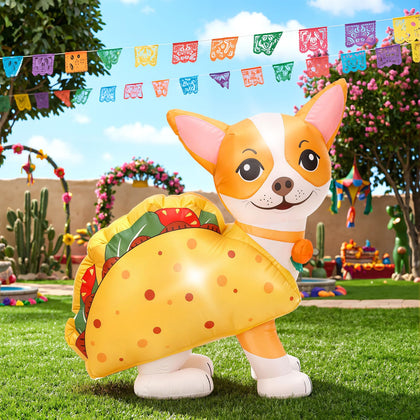 Leyndo four-foot Cinco de Mayo inflatable Chihuahua Taco with LED lights for yard decor.