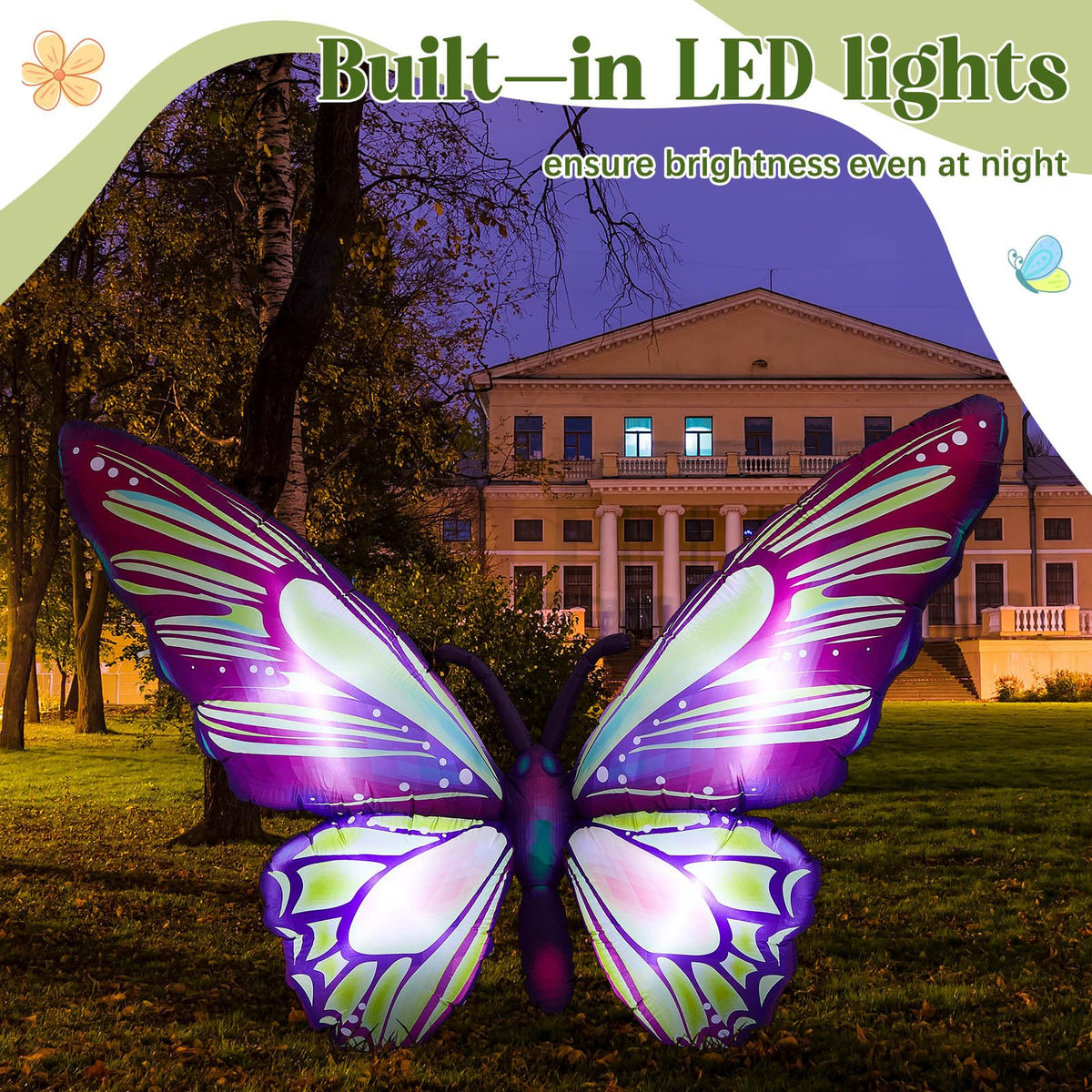 Leyndo night-lit butterfly inflatable lights up the yard at dusk