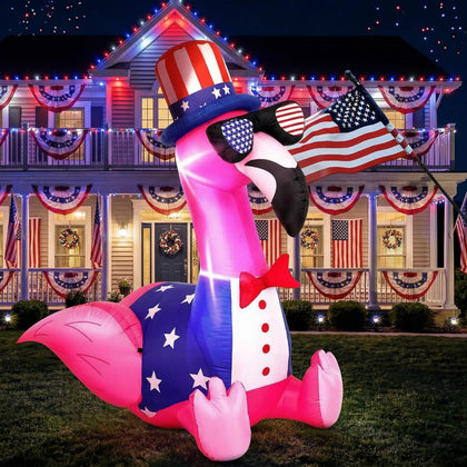 Leyndo patriotic flamingo inflatable front view for festive 4th of July yard display.