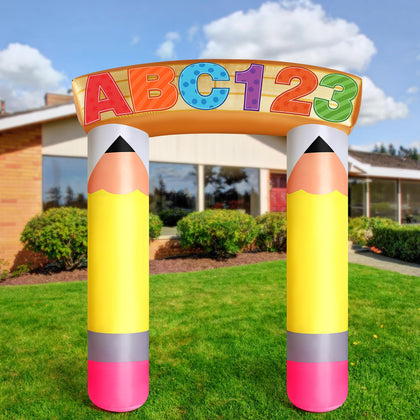 Leyndo pencil arch inflatable for vibrant graduation photo opportunities.