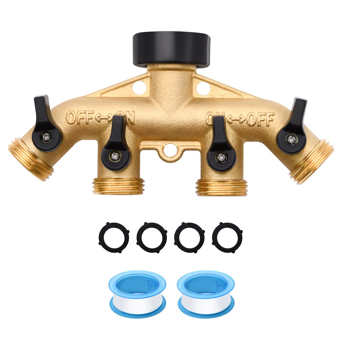 LFSEMINI 4-way brass hose splitter ready for versatile watering tasks.