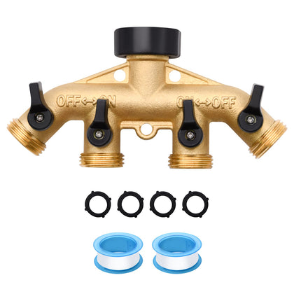 LFSEMINI 4-way brass hose splitter ready for versatile watering tasks.