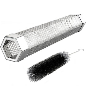 LFSEMINI pellet smoker tube 12in on grill delivering steady, flavorful smoke.